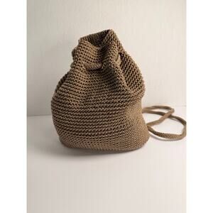 The Sak Crochet Bucket Crossbody Bag Taupe Knit Boho Drawstring